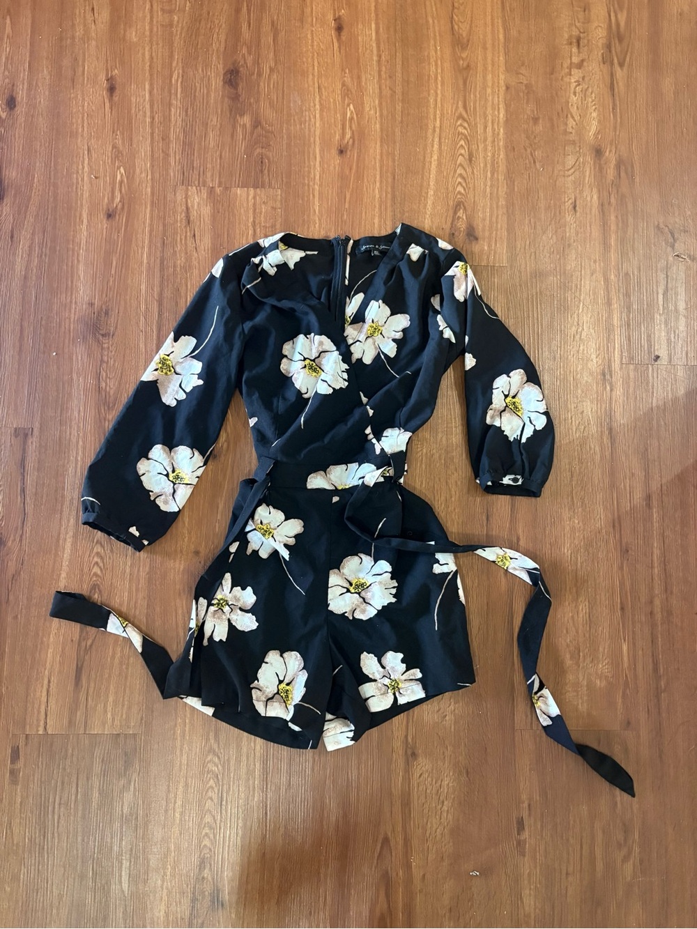 Floral Black Long-Sleeve Wrap Romper